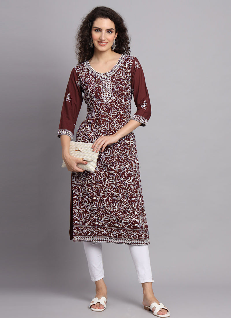 Buy Red Rayon Printed Kaftan Knee Length Kurti Work Wear Online at Best  Price | Cbazaar